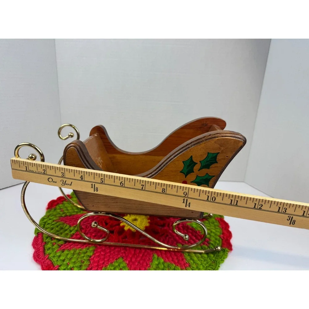 Vintage Wooden Christmas Sleigh Decor Gold Metal Runners Holly Hand Painted 9